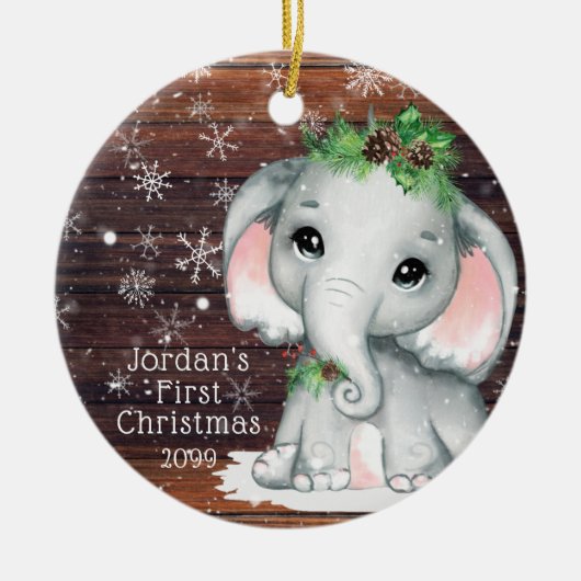 Niedlich BABY FIRST CHRISTMAS Elephant Wood Snowfl Keramik Ornament (Vorne)