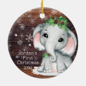 Niedlich BABY FIRST CHRISTMAS Elephant Wood Snowfl Keramik Ornament (Hinten)