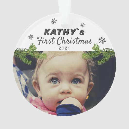 Niedlich Baby First Christmas Snowflake Pine Foto Ornament (Rückseite)