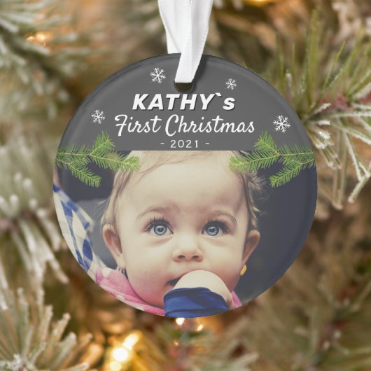 Niedlich Baby First Christmas Snowflake Pine Foto Ornament (Baum)