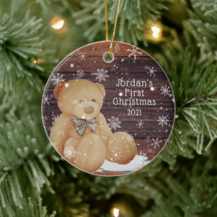 Niedlich BABY FIRST CHRISTMAS Teddy Bären Holzschn Keramik Ornament