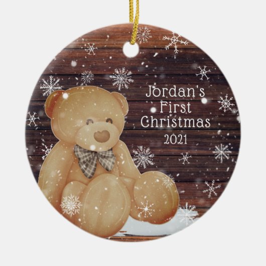 Niedlich BABY FIRST CHRISTMAS Teddy Bären Holzschn Keramik Ornament (Vorne)