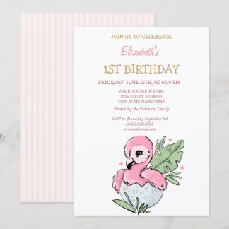 Niedlich Baby Flamingo Striping Geburtstag Einladung