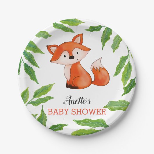 Niedlich Baby Fox | BLÄTTER | Woodland Babydusche Pappteller (Vorderseite)