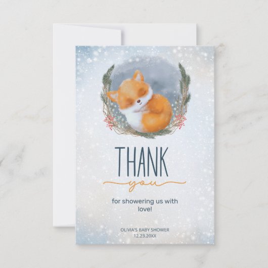 Niedlich Baby Fox Snowly Winter Baby Dusche Danke Karte (Vorderseite)