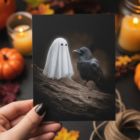 Niedlich Baby Ghost und Raven Halloween Postkarte