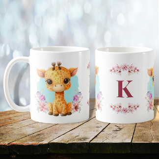 Niedlich Baby Giraffe Charming Floral Monogram Kaffeetasse