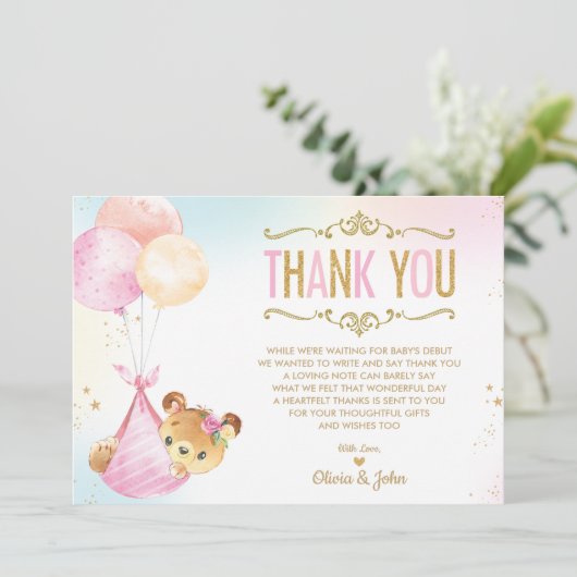 Niedlich Baby Girl Bear Balloons Babydusche Sprink Dankeskarte (Stehend Vorderseite)