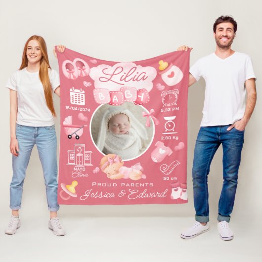 Niedlich Baby Girl Birth Stats Pink Neugeborene Mo Fleecedecke (Beispiel)