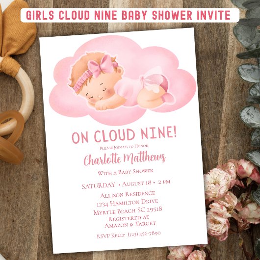 Niedlich Baby Girl Cloud Nine 9 Babydusche Einladung