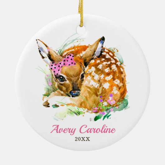 Niedlich Baby Girl Deer Fawn Personalisiert Weihna Keramik Ornament (Hinten)