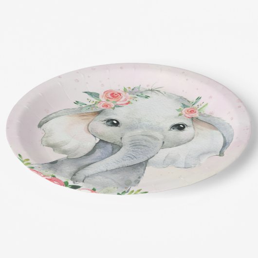 Niedlich Baby Girl Elephant Babyduschplatte Pappteller (Schrägansicht)