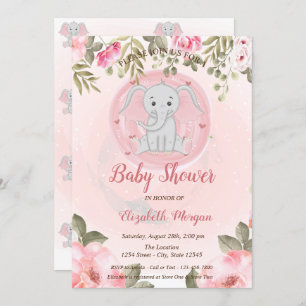 Niedlich Baby Girl Elephant, Floral Baby Dusche Einladung