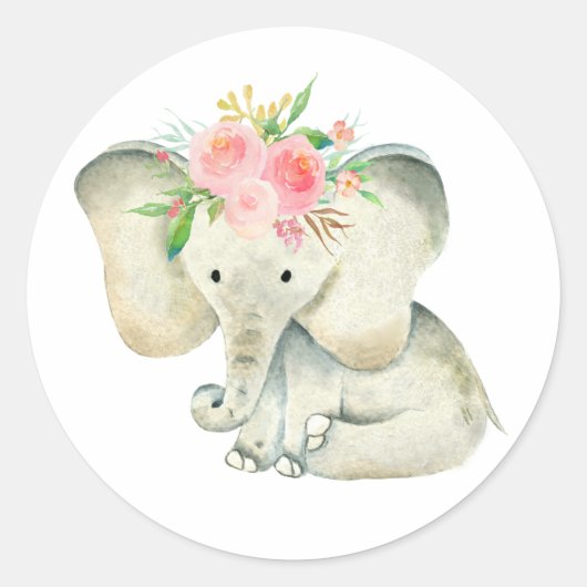 Niedlich Baby Girl Elephant mit Blume Runder Aufkleber (Vorderseite)