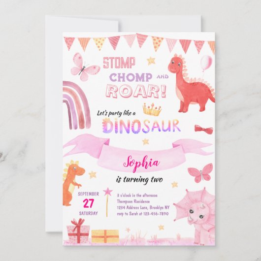 Niedlich Baby Girl Pink Dino Dinosaur Kindergeburt Einladung (Vorderseite)