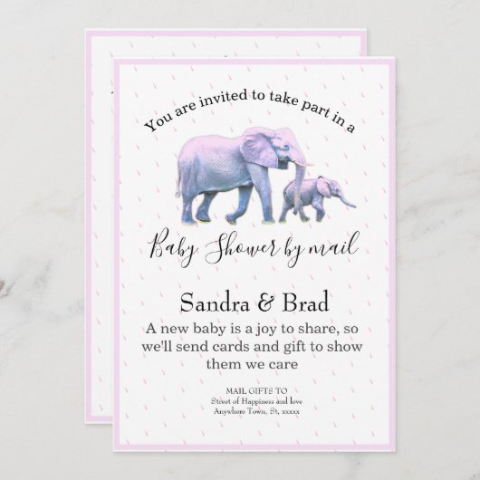 Niedlich Baby Girl Pink Elefanten moderne Babydusc Einladung (Vorne/Hinten)