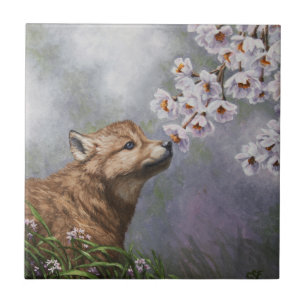 Niedlich Baby Gray Wolf Pup und Blume Fliese