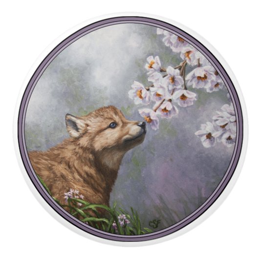 Niedlich Baby Gray Wolf Pup und Blume Keramikknauf (Vorderseite)