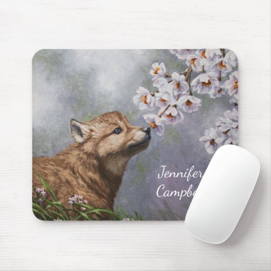 Niedlich Baby Gray Wolf Pup und Blume Mousepad (Mit Mouse)