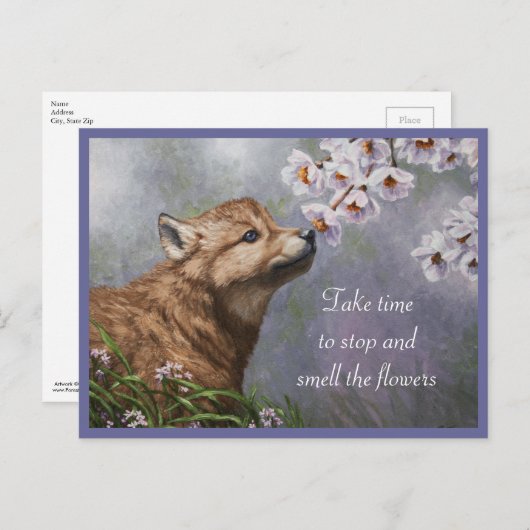 Niedlich Baby Gray Wolf Pup und Blume Postkarte (Vorne/Hinten)