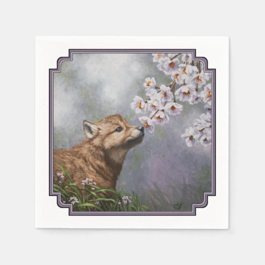 Niedlich Baby Gray Wolf Pup und Blume Serviette (Vorderseite)