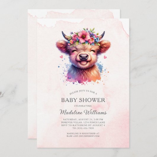 Niedlich Baby Highland Cow Baby Shower Einladung (Vorne/Hinten)