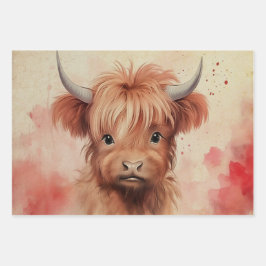 Niedlich Baby Highland Cow Valentine Hearts 2 Geschenkpapier Set