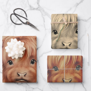 Niedlich Baby Highland Cow Valentine Hearts 2 Geschenkpapier Set