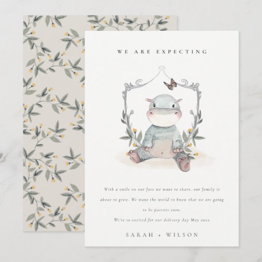 Niedlich Baby Hippo Foliage Balloon Kinderankündig Dankeskarte (Vorne/Hinten)