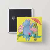 Niedlich Baby Hippo mit Flamingo Individuelle Name Button (Vorne & Hinten)
