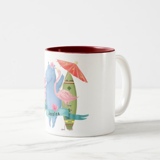 Niedlich Baby Hippo mit Flamingo Individuelle Name Zweifarbige Tasse (VorderseiteRechts)