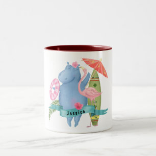 Niedlich Baby Hippo mit Flamingo Individuelle Name Zweifarbige Tasse