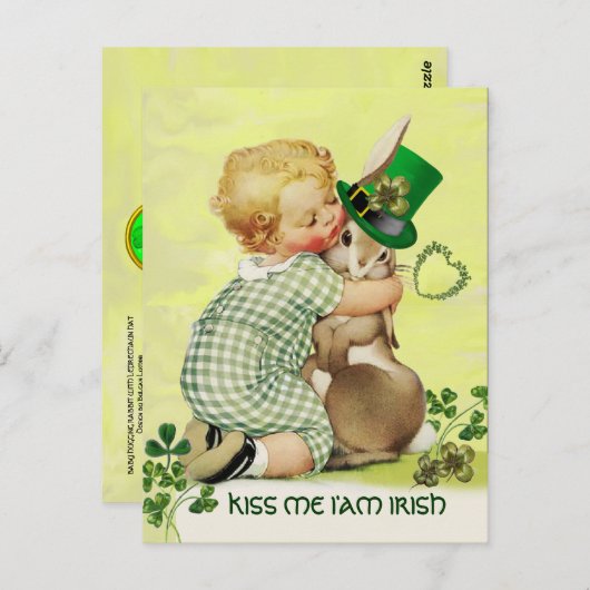 NIEDLICH BABY HUGGING RABBIT Irish St. Patrick's D Postkarte (Vorne/Hinten)