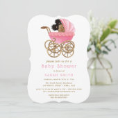 Niedlich Baby in Stroller Pink Baby Dusche einlade Einladung (Stehend Vorderseite)