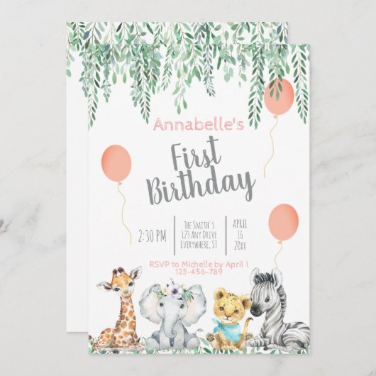 Niedlich Baby Jungle Animals Greenery Erster Gebur Einladung (Vorne/Hinten)