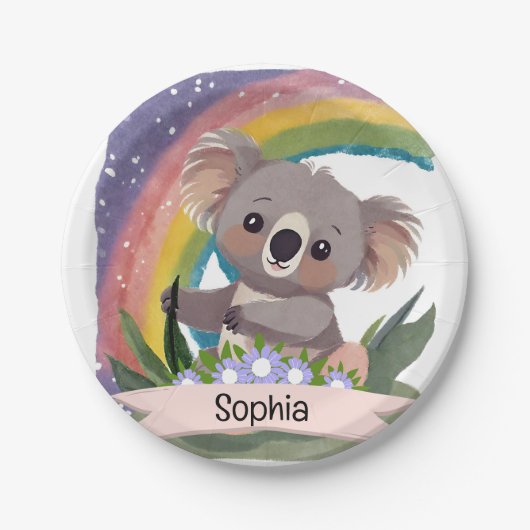 Niedlich Baby Koala Rainbow Individuelle Name Pappteller (Vorderseite)