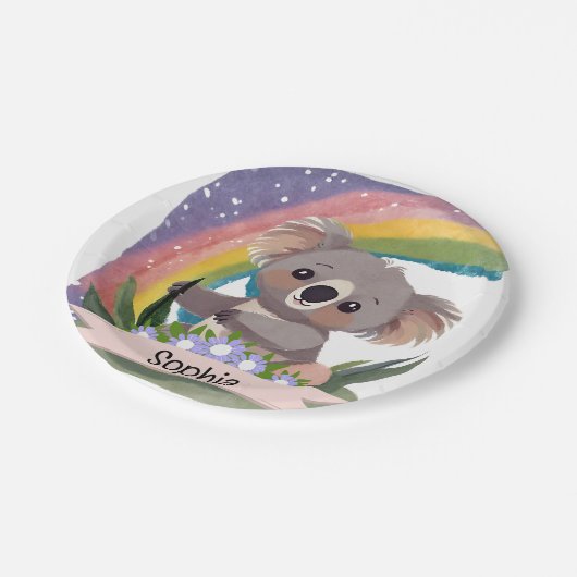 Niedlich Baby Koala Rainbow Individuelle Name Pappteller (Schrägansicht)