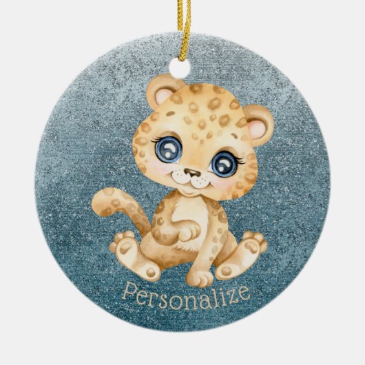 Niedlich Baby Leopard Blue Glitzer personalisieren Keramik Ornament (Vorne)