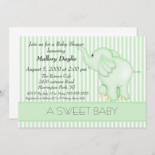 Niedlich Baby Light Green Elephant Neutral Baby Du Einladung (Vorne/Hinten)