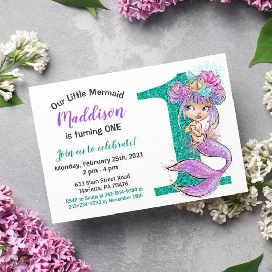 Niedlich Baby Mermaid 1. Geburtstag Einladung