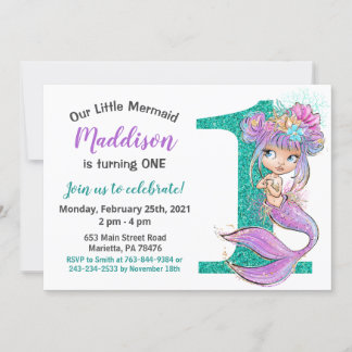 Niedlich Baby Mermaid 1. Geburtstag Einladung
