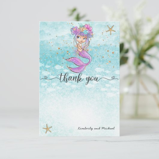 Niedlich Baby Mermaid Birthday | Babydusche Dankeskarte (Stehend Vorderseite)