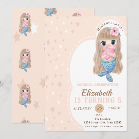 Niedlich Baby Mermaid Stars Geburtstag Einladung (Vorne/Hinten)