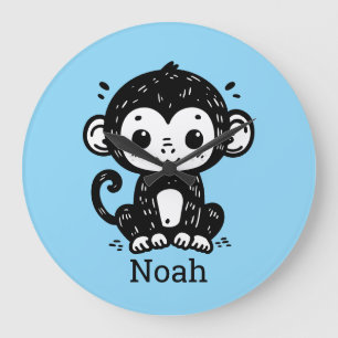 Niedlich Baby Monkey Zeichnend - Kawaii Kinderzimm Große Wanduhr
