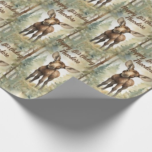 Niedlich Baby Moose Personalisiert Geburtstag Geschenkpapier (Ecke)