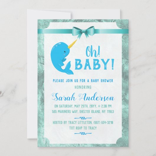Niedlich Baby Narwhal Baby Dusche Einladung (Vorderseite)