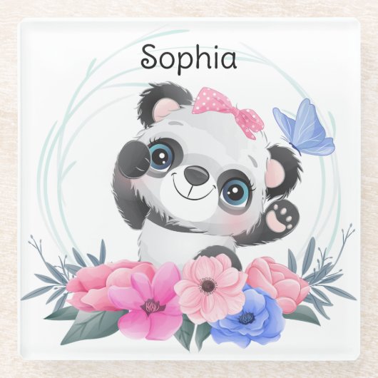 Niedlich Baby Panda Blume Wreath Individuelle Name Glasuntersetzer (Vorderseite)