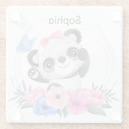 Niedlich Baby Panda Blume Wreath Individuelle Name Glasuntersetzer (Rückseite)