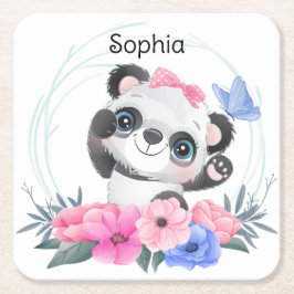Niedlich Baby Panda Blume Wreath Individuelle Name Rechteckiger Pappuntersetzer