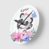 Niedlich Baby Panda Blume Wreath Individuelle Name Runde Wanduhr (Winkel)